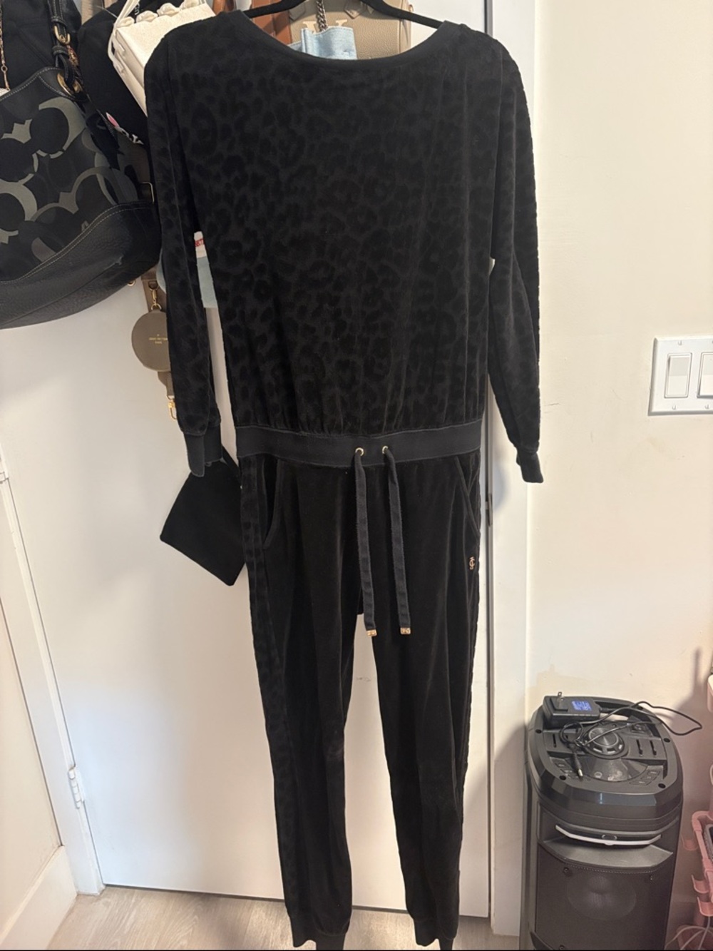 Juicy Couture Black Velour Leopard-Print Jumpsuit